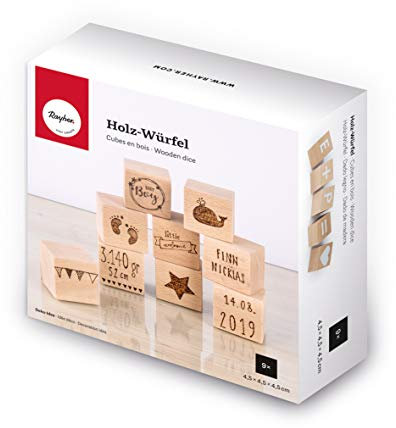 Rayher Holz-Würfel, natur, Buche, 4,5 x 4,5 x 4,5 cm, blanko, Box 9 Holzblöcke, Holzklötze zum Basteln und Bemalen, 62960505