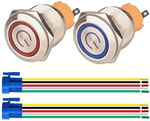 GUUZI 2pcs Interruttore a Pulsante Aggancio 1NO1NC Acciaio Inossidabile Impermeabile 220V-230V/5A Interruttore Illuminato LED con Presa a Filo Spina Adatta per Foro di Montaggio da 22mm(Blu+Rosso)