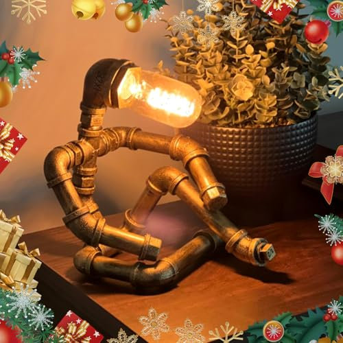 LCYFBE Steampunk Table Lamp, Creative Robot Style Desk Lamp Vintage Industrial Water Pipe Light for Bedside Table Nightstand Bar Restaurant Cafe