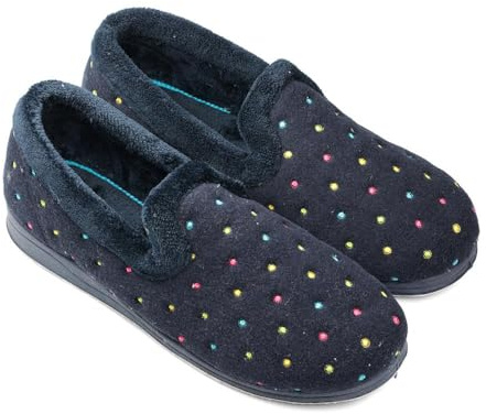 Padders Ladies Slippers 2E Fit Vulcanised - Navy Woven Spot Size 7