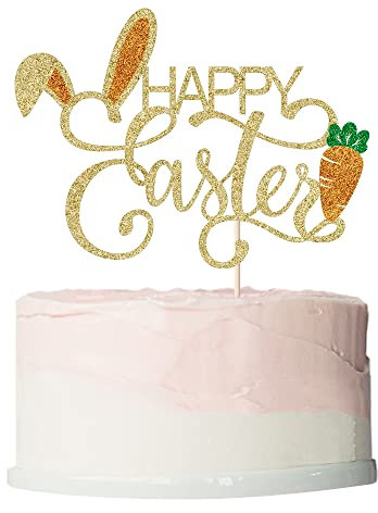 Happy Easter Cake Topper,Bunny ears/carrot cake decoration,Good for Happy Easter Spring Themed Party Supplies (gold)