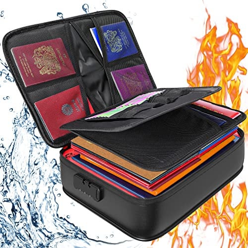 QNIGLO Caja Fuerte Ignífuga con Cerradura, Bolsa Organizador Impermeable, Tarjeta, Certificado Importante con Bolsa Organizadora de Varias Capas, Bolsa de Documentos para el hogar Oficina Viajes