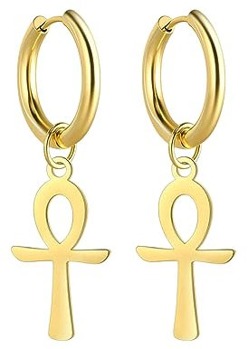 Ankh Kreuz Ohrringe für Frauen Männer Edelstahl alte ägyptische Symbol Götter Ankh Kreuz Dangle Hoop Ohrringe Charme Amulett Schmuck (Gold)