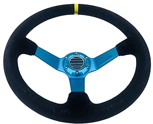 KYGFG Sportlenkrad Mit Blauer Aluminiumhalterung 350 Mm Rennlenkrad Aus Veloursleder Deep Dish 6-Loch