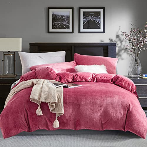 Boqingzhu Flauschige Plüsch Bettwäsche 135x200cm Rosa Rot Nicky Teddy Fleece Cashmere Touch Winter Warm Bettwäsche Set 135x200cm Bettbezug mit Reißverschluss und Kissenbezug 80x80cm