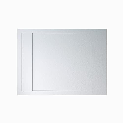 doporro Duschtasse 80x160x3cm flach aus Mineralguss in Weiß Rechteckig DIN-Anschlüsse für bodenebene Montage geeignet