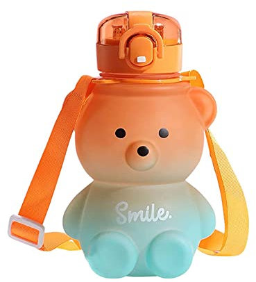 Labstandard Kawaii Bear Water Bottle With Straw, 800ml Leak-Proof Kawaii Bear Shaped Water Bottle with Belt Cute Gradient Colorful Kawaii Drinking Bottle For Girls School Office Travel (Orange blue)