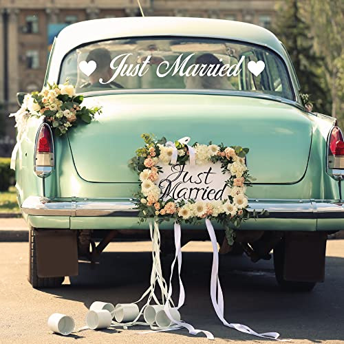 Just Married with Hearts Car Rear Window Sticker Wedding Decorations Car Stickers White Just Married Sticker Back Window
