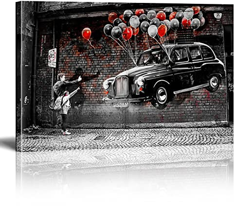 Banksy Bilder Car Balloon Banksy Wandbilder XXL Leinwand-Bild Graffiti Street Art Modern Bild für Wohnzimmer Büro fertig Home Wanddekoration zum Aufhängen Mit Rahmen（30×50cm）11.8×19.7 Zoll