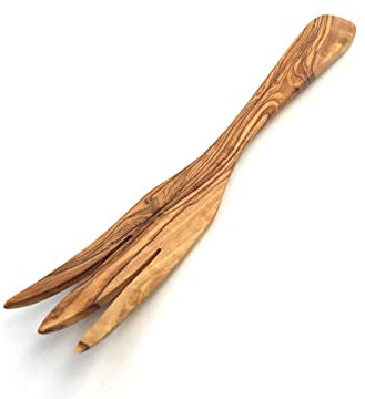 Tenedor de servir, 3 puntas, 30 cm, de madera, hecho a mano en madera de olivo
