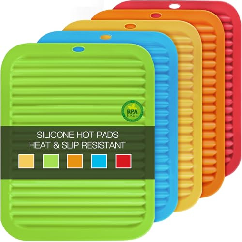 5 Pack Silicone Trivets for Hot Pots and Pans, 9 * 12Inch SiliconeTrivet for HotDishes, Colorful Heat Resistant Silicone Mat, Non-Slip Hot Pads Pot Holders for Kitchen Counter Hot Plate Mat