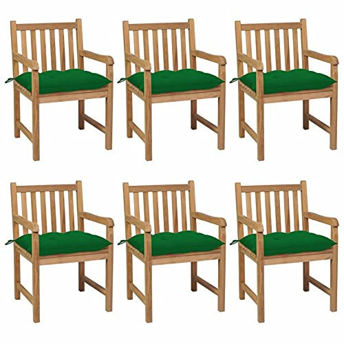 CIADAZ Gartenstühle 6 STK. mit Grünen Kissen, Gartenmöbel, Balkonstühle, Balkonmöbel, Bistrostuhl, Garten Stühle, Sit Möbel, Armlehnenstuhl, Massivholz Teak