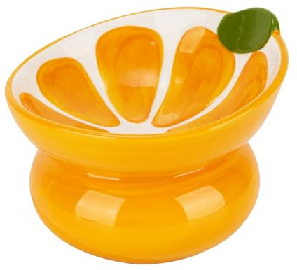 Ceramic Raised Cat Bowl, Elevated Cat Food Bowl for Indoor Cats, Anti Vomiting & Protect Pet's Spine, Cute Tilted Cat Dish for Flat Faced Cats and Kitten (Orange Shape)