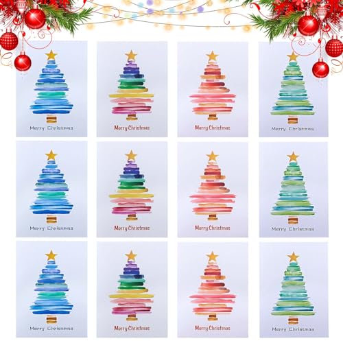 Miioto Biglietto Natalizio, 12 Pezzi Biglietti di Natale con Busta, Biglietti Auguri di Natale, Biglietto Auguri Natale Regalo, Cartoline Natale con Motivo ad Albero di Natale (#1)