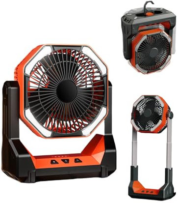 Maxesla Desk Fan with LED Rechargeable, 2025 Newest Rechargeable Battery Operated Camping Fan with Stand and Hook, 4 Light Modes and 4 Speed, Portable Outdoor for Camp, Fishing, Travel