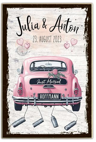 schilderkreis24 - Liebevolles Geld-Gechenk zur Hochzeit: Personalisierbares Holzschild mit Rosa Auto und Dosen
