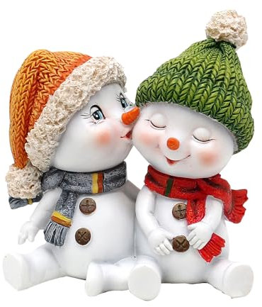 Dekohelden24 Schneekinderpaar mit Mütze und Schal in rot, grau, orange, grün, L/B/H 10,7 x 7,3 x 10,8 cm