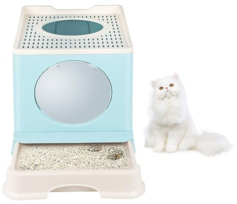 Arenero Gatos Cubierto Grande XXL con Cajon Bandeja Extraíble Caixa de Areia para Gatos Plegable Cerrado sin Olor con Pala y Almacenamiento de Bolsa de Basura-48 * 39 * 34cm-PP-Azul Claro