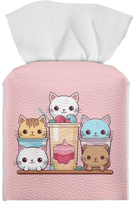 Showudesigns Quadratische Taschentuchbox mit niedlicher Katze, Leder, Würfel-Organizer mit Gürtel, Serviettenspender für Badezimmer, Schlafzimmer, Heimdekoration, Rosa