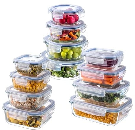 KADAX 12er Set Hitzebeständige Glasbehälter mit Deckel, Lebensmittelbehälter aus Robustem Glas, Aufbewahrungsbehälter, Gefrierbehälter, Frischhaltedose (Alle 12er SET)