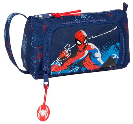 SPIDERMAN NEON - Portatodo con Bolsillo Desplegable Vacío, Estuche Infantil, Estuche Niño, Ideal para Niños en Edad Escolar, Cómodo y Versátil, Calidad y Resistencia, 20x8.5x11 cm, Color Azul Marino