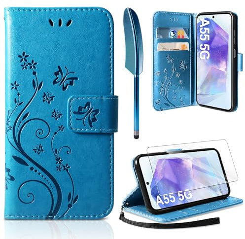 AROYI Lederhülle Kompatibel mit Samsung Galaxy A55 5G Hülle und Schutzfolie, Flip Wallet Handyhülle PU Leder Tasche Case Kartensteckplätzen Schutzhülle Kompatibel mit Samsung Galaxy A55 5G