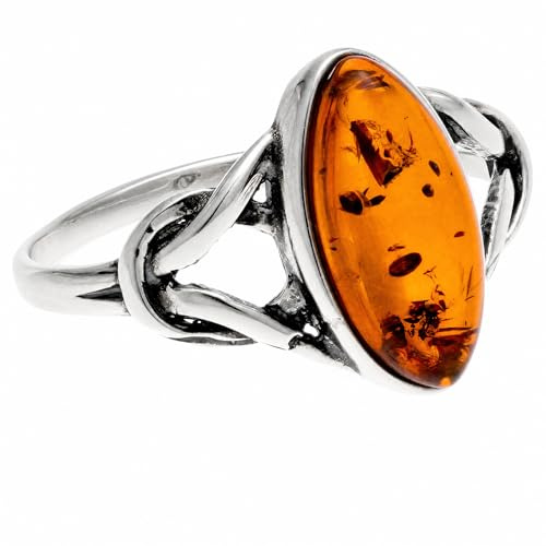 SilverAmber Jewellery - 925 Sterling Silver and Baltic Amber Celtic Knots Designer Ring - 7503