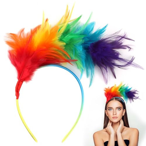 Darryy Feder Stirnband Fascinator Stirnbänder Cosplay Haarband Karneval Party Kopfschmuck Regenbogen Feder Haarreif Feder Kopfbedeckung Kostüm für Ostertag Hochzeit Halloween Party (Regenbogenfarben)