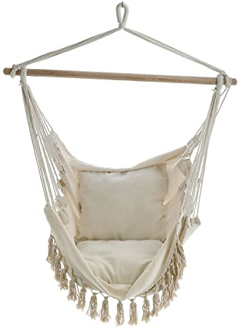 Hängesessel 2 Kissen | Hängeschaukel 98x198cm Beige Baumwolle | Hängestuhl Hängekorb Gartenzubehör | bis 100Kg belastbar