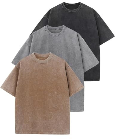 Yimoon 3 Pack Men Oversized T Shirts Heavy Cotton Vintage Baggy Tee Casual Loose Short Sleeve Acid Wash Unisex Tops(Blackgreykhaki-M), Medium, Blackgreykhaki