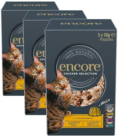 Encore 100 Percent Natural Wet Cat Food, Multipack Chicken Selection in Jelly, 50g Pouch (5 x 50 g Pouches) (Pack of 3)