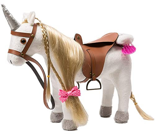 BEJOY Plüsch Pferd Spielzeug, Kämmpferd Plüschpferd Plüsch Spielzeug mit Sattel, Zaumzeug und Baumwolltuch, Pretend Play Pferd Geschenk für Mädchen Kinder, 28cm Einhorn Weiß