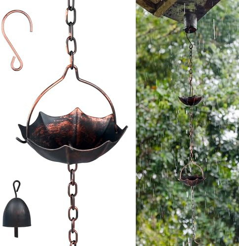 Invech Rain Chains for Gutters, 12.5FT Outside Rain Chains with 12 Cups, Umbrella Shaped Rain Catcher Chain with Bell for Eaves Drainage, Replacement for Downpout