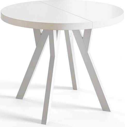 AlpiMeble Table de salle à manger ronde OVO, table extensible diamètre : 80 cm à 130 cm, table de salon, couleur : blanc, avec pieds en bois de couleur blanche