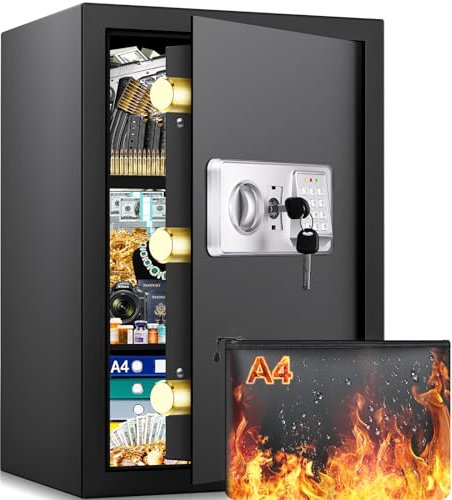 Mejasg 75L Safe Tresor Feuerfest mit Feuerfeste Dokumententasche&2 Herausnehmbares Regal, Möbeltresor Groß mit Alarmanlage, Digitaler Schranktresor für Zuhause Bargeld Schmuck Medikamente A4 Dokumente