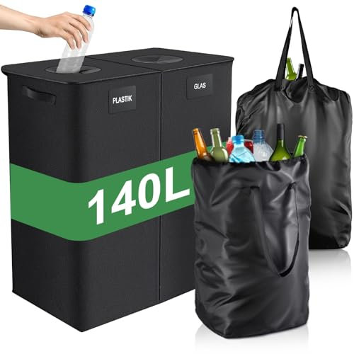 PHYSEN Pfandflaschen Sammelbehälter 2 Fächer, 140L Pfandflaschen Aufbewahrung mit Deckel, Behälter Leergut & Altglas Aufbewahrung, XXL Mülleimer Flaschensammler mit Loch für Küche & Abstellraum