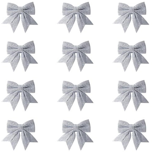 volumoon 12 Pieces Christmas Bows, Glitter Christmas Bows, Rose Gold, Christmas Tree Decorations, Christmas Wreath, Ornaments Xmas Tree, Xmas Bows for Decorations, Wreaths, Gifts Decoration (Silver)
