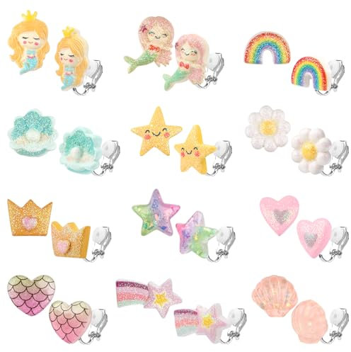 12 Paar Glitzer Ohrclips für Mädchen - Harz Ohrringe Klipp für Kinder Mit Herzform, Fünfzackiger Stern - Nein Durchbohrt