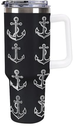 Quteprint 40oz Insulated Stainless Steel Tumbler with Handle, Nautical Ocean Anchors Leakproof Water Bottles Travel Mug with Lid And Straw for Water, Iced Tea Or Coffee, Suitable for Most Car Cup Hold