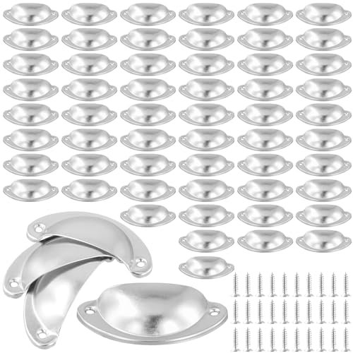 HONYUET 60 PCS 81 x 35mm Silver Shell Cup Pull Handles, Vintage Half Moon Drawer Handles with Screw for Cabinets, Chests, Wardrobes