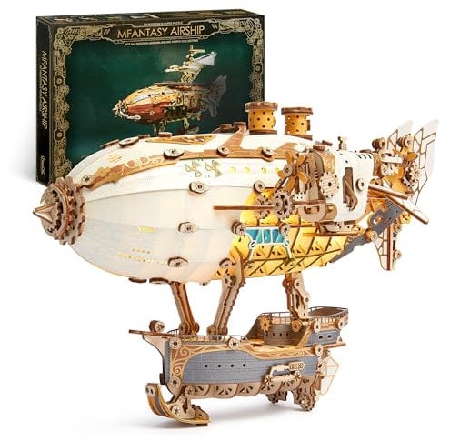 FUNPOLA LED 3D Holzpuzzle fur Erwachsene Luftschiffmodell - Steampunk DIY Bastelset mit LED-Leuchten - Holz Luftschiffmodell-Bausatz für und Erwachsene (Weiß)
