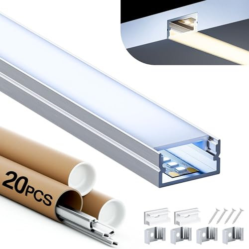 Shine Plus LED Profil 2 m x 20 Stück, ausgestattet mit einer weißen PC-Abdeckung, Größe 17,4 mm x 7 mm, kompatibel mit LED Streifen mit einer Breite von weniger als 12 mm