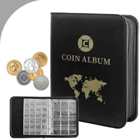 Münzalbum 624 Stück,30 Seiten Münzalbum 2 euro,Münzen Sammelalbum 3.5*3.5 CM/4.5*4.5 CM,Münzalbum euro Transparent Tasche,2 euro Münzen Sammelalbum für Pfund,Pence,Cent,Dollar,Souvenir Münzen(Schwarz)