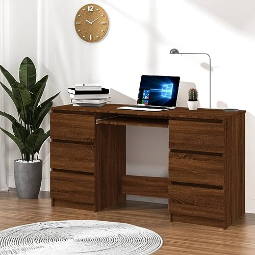 Myheimly Schreibtisch mit 6 Schubladen Computertisch Bürotisch Laptoptisch Büromöbel PC Tisch Arbeitstisch 140x50x77cm Holzwerkstoff Schreibtisch Braune Eiche