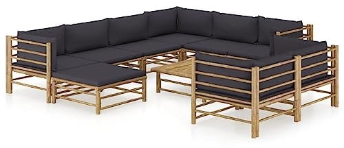 10-TLG. Garten-Lounge-Set mit Dunkelgrauen Kissen Bambus,Garten Lounge Set Bambus Modulare Sitzgruppe für Terrasse & Garten Gartenmöbel