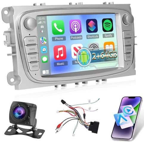 2GB+64GB Car Radio for Ford Focus Mondeo Galaxy Kuga C-MAX S-MAX, 7 inch Android Touch Screen Mondeo Stereo, Carplay&Android Auto/Wi-Fi/Bluetooth/1080P