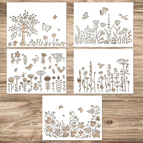 5stk Große Wildblumen Schablonen, Wiederverwendbare Blätter- und Florale Schablonen Lebendige Pflanzen Schmetterlings Zeichenvorlagen zum Malen auf Holz Basteln Leinwand Wand DIY (Stil B)