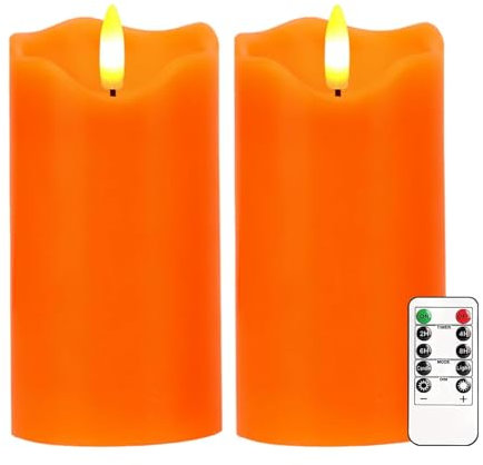 Justup Flameless LED Candles, Set of 2 Flickering LED Candles with Remote Control and Timer, Dimmable Column Candles, Battery Operated, Orange Candles for Autumn, Halloween, Thanksgiving Decor (Orange