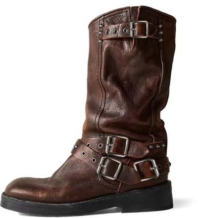 Agodor Brown Women's Mid Calf Boots Chunky Low Heel Riding Buckle Boot for Women Squared Toe Motorcycle Boots Slip On Riding Biker Booties US9