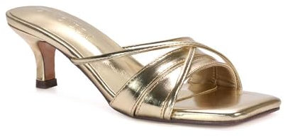 ESSEX GLAM Women's Low Kitten Heel Sandals Ladies Strappy Gold Metallic Slip On Mule Open Toe Slide Shoes Size 6